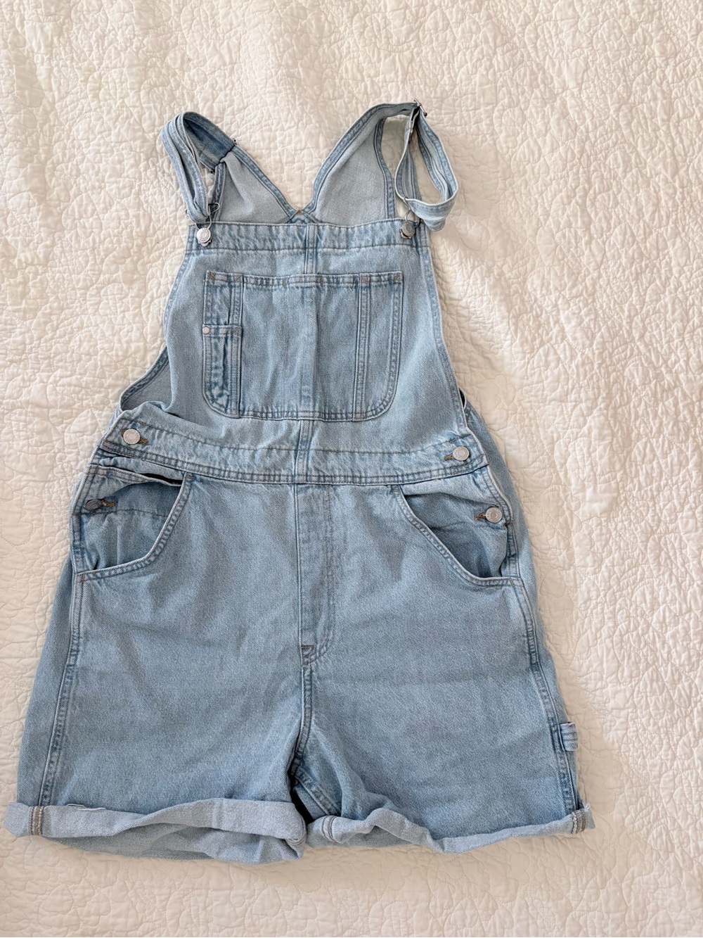H&M &DENIM Light Wash Distressed Cotton Short Overalls Shortalls M